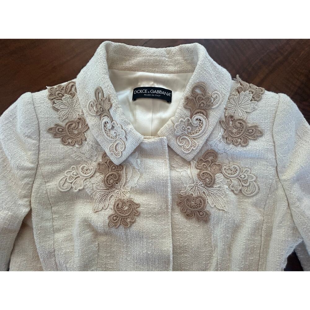 Dolce & Gabbana 2000s IT 36 Embroidered Cotton Tweed Jacket Cream Silk US 0-2 XS - Picture 2 of 6